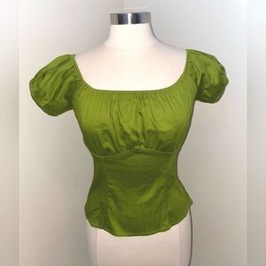 PINUP GIRL CLOTHING Pinup Couture Peasant Top Olive Green Stretch Cotton…